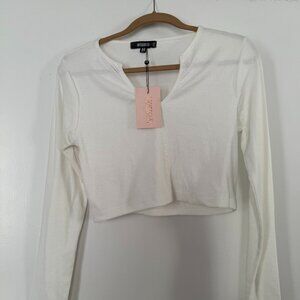 White Long Sleeve V Neck
